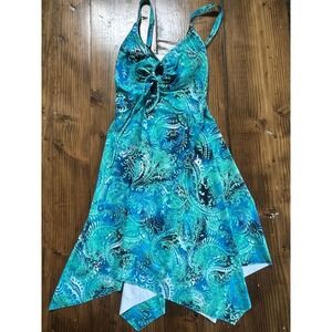 Hanna Nikole Women Teal Blue Paisley Handkerchief Hem Swim Dress One Piece 18W